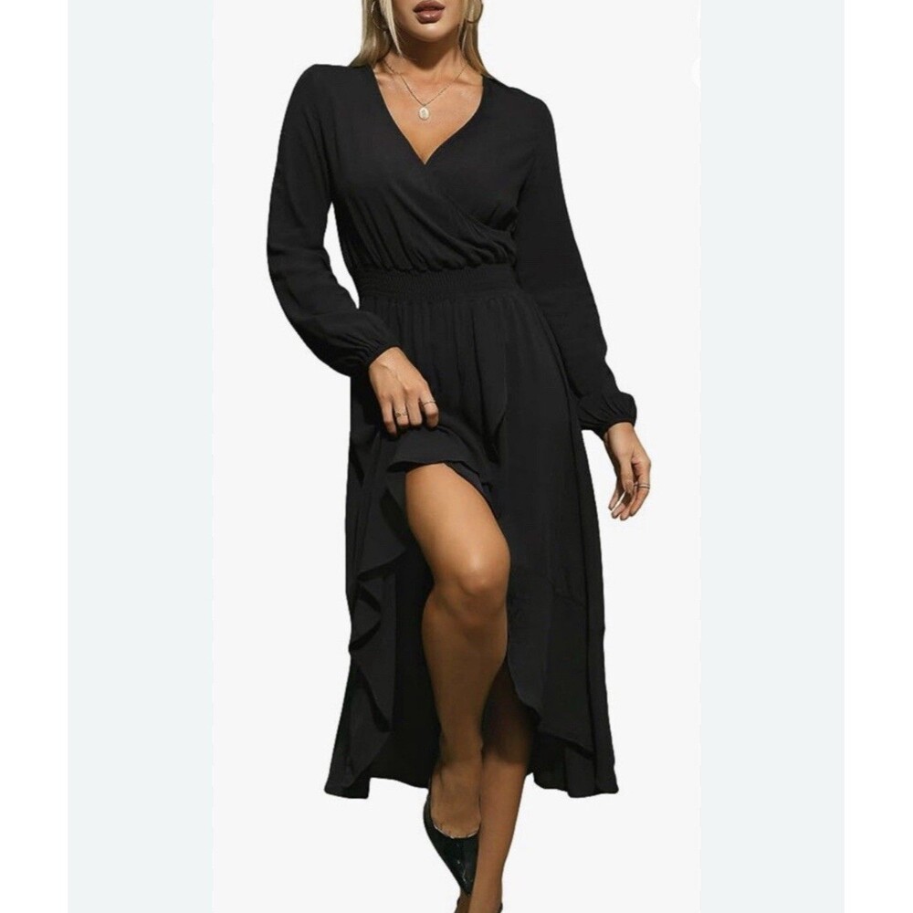 Kor Mei Size L Dress Boho Black V-Neck Waist Smocked Long Sleeve Midi Faux Wrap